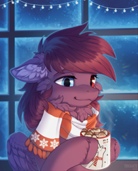 Size: 2000x2471 | Tagged: safe, artist:trickate, oc, oc only, oc:pestyskillengton, pegasus, pony, cheek fluff, chest fluff, chocolate, clothes, ear fluff, female, food, heterochromia, high res, hot chocolate, marshmallow, scarf, solo, striped scarf, winter