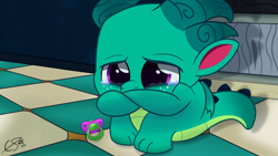 Size: 1920x1080 | Tagged: safe, artist:_cobalttuelatte, derpibooru exclusive, sparky sparkeroni, dragon, g5, baby, baby dragon, collaboration:sad my little pony g5, crying, fetal position, male, pacifier, solo