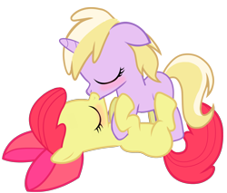 Size: 2539x2160 | Tagged: safe, artist:i'm derpy, apple bloom, dinky hooves, earth pony, pony, unicorn, g4, blushing, embarrassed, female, filly, filly on filly, foal romance, high res, kissing, lesbian, ship:dinkybloom, shipping, simple background, transparent background