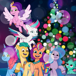 Size: 1080x1080 | Tagged: safe, hitch trailblazer, izzy moonbow, misty brightdawn, pipp petals, sparky sparkeroni, sunny starscout, zipp storm, dragon, earth pony, pegasus, pony, unicorn, g5, my little pony: tell your tale, official, baby, baby dragon, christmas, christmas tree, cute, female, flying, holiday, izzybetes, looking at you, male, mane five, mane seven (g5), mane six (g5), mane stripe sunny, mare, open mouth, open smile, rebirth misty, royal sisters (g5), siblings, sisters, smiling, smiling at you, spread wings, stallion, sunnybetes, tree, wings