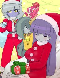 Size: 1825x2371 | Tagged: safe, artist:batipin, limestone pie, marble pie, maud pie, pinkie pie, human, equestria girls, g4, breasts, busty maud pie, christmas, clothes, costume, equestria girls-ified, eyes closed, hat, holiday, pie sisters, santa claus, santa costume, santa hat, santa sack, siblings, sisters