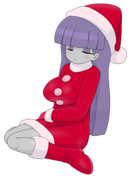 Size: 1860x2546 | Tagged: safe, alternate version, artist:batipin, part of a set, maud pie, human, equestria girls, g4, breasts, busty maud pie, christmas, clothes, costume, eyes closed, hat, holiday, santa costume, santa hat, simple background, solo, transparent background