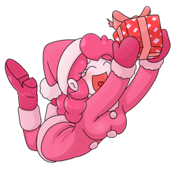 Size: 654x636 | Tagged: safe, alternate version, artist:batipin, part of a set, pinkie pie, human, equestria girls, g4, breasts, christmas, christmas presents, clothes, costume, eyes closed, hat, holiday, looking at you, open mouth, santa costume, santa hat, simple background, solo, transparent background