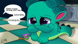 Size: 1920x1080 | Tagged: safe, artist:_cobalttuelatte, sparky sparkeroni, dragon, g5, abuse, baby, baby dragon, collaboration:sad my little pony g5, crying, dialogue, fetal position, implied hitch trailblazer, male, offscreen character, pacifier, solo, sparkybuse, speech bubble