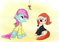 Size: 2500x1800 | Tagged: safe, artist:amateur-draw, oc, oc only, oc:belle boue, oc:phosphor flame, earth pony, unicorn, christmas, clothes, female, holiday, hoodie, jacket, leather, leather jacket, makeup, male, mare, mistletoe, shirt, simple background, sombra's pencil, stallion