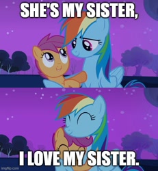 Size: 500x542 | Tagged: safe, edit, edited screencap, screencap, rainbow dash, scootaloo, pegasus, pony, g4, sleepless in ponyville, ^^, barney the dinosaur, caption, cute, cutealoo, daaaaaaaaaaaw, dashabetes, duo, eyes closed, female, filly, foal, hug, image macro, looking at each other, looking at someone, mare, meme, night, parody, reference, scene parody, scootalove, siblings, sisters, smiling, smiling at each other, song in the description, starry night, text, wholesome, winghug, wings