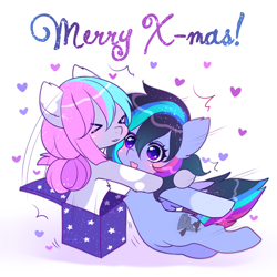 Size: 3000x3000 | Tagged: safe, artist:monstrum, oc, oc only, oc:nancy, oc:skyla, earth pony, pegasus, pony, box, christmas, gift art, high res, holiday, oc x oc, pony in a box, present, shipping