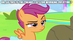 Size: 888x499 | Tagged: safe, edit, edited screencap, screencap, scootaloo, pegasus, pony, g4, parental glideance, annoyed, bag, caption, eyebrows, female, filly, foal, frown, image macro, meme, overtime, parody, raised eyebrow, reference, rock-a-bye bivalve, saddle bag, scene parody, solo, spongebob squarepants, text