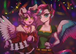 Size: 3508x2480 | Tagged: safe, artist:helemaranth, pipp petals, zipp storm, pegasus, anthro, g5, christmas, colored wings, duo, duo female, eyebrows, female, hand on hip, heart, heart eyes, high res, holiday, multicolored wings, open mouth, open smile, royal sisters (g5), siblings, sisters, smiling, spread wings, wingding eyes, wings