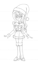 Size: 2106x3510 | Tagged: safe, artist:supra80, fluttershy, human, equestria girls, g4, boots, breasts, christmas, christmas outfit, clothes, collar, costume, dress, female, hat, high res, holiday, monochrome, pencil drawing, santa costume, santa hat, shoes, solo, traditional art