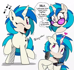 Size: 2412x2284 | Tagged: safe, artist:icey, dj pon-3, vinyl scratch, pony, unicorn, g4, ..., blushing, commission, compact cassette, cute, dancing, dialogue, ear flick, female, glasses, headphones, heart, high res, innuendo, magic, mare, mixtape, simple background, solo, vinylbetes, white background