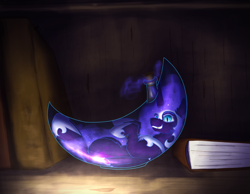 Size: 2386x1853 | Tagged: safe, artist:gosha305, nightmare moon, alicorn, pony, g4, antagonist, armor, book, bookshelf, bottle, curved horn, dark, ethereal mane, fangs, female, folded wings, galaxy mane, helmet, hoof shoes, horn, jewelry, looking at you, mare, micro, nightmare moon armor, pony in a bottle, princess shoes, regalia, smiling, smiling at you, solo, staring at you, teeth, villainess, wings
