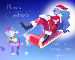 Size: 2330x1855 | Tagged: safe, artist:aztrial, izzy moonbow, señor butterscotch, pony, unicorn, anthro, g5, boots, christmas, clothes, costume, cute, excited, fake moustache, female, happy, hat, holiday, izzybetes, one eye closed, open mouth, open smile, pants, santa costume, santa hat, shoes, sleigh, smiling, solo