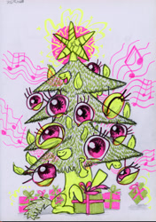 Size: 4000x5674 | Tagged: safe, artist:ja0822ck, original species, pony, unicorn, being a christmas tree, christmas, christmas tree, cyriak, female, holiday, mare, not salmon, ponified, present, rule 85, singing, traditional art, tree, wat