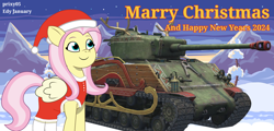 Size: 1920x920 | Tagged: safe, artist:edy_january, artist:prixy05, fluttershy, pegasus, pony, g4, g5, my little pony: tell your tale, christmas, clothes, costume, g4 to g5, generation leap, hat, holiday, m4 sherman, m4a3e8, rudolph (sherman tank), santa costume, santa hat, sherman (tank), solo, stockings, tank (vehicle), thigh highs, world of tanks, world of tanks blitz