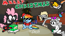 Size: 1280x720 | Tagged: safe, artist:dragonboi471, artist:rainbowdashsmailbag, rainbow dash, oc, oc:albino pie, oc:bedlam, oc:jerky hooves, oc:pinkie tai, pony, g4, airhorn, chocolate, christmas, eggnog, food, holiday, hot chocolate, mountain dew