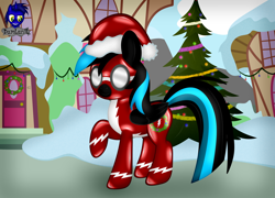 Size: 5760x4154 | Tagged: safe, artist:damlanil, oc, oc only, oc:nightlight aura, pegasus, pony, bodysuit, christmas, christmas decoration, christmas tree, clothes, commission, female, goggles, hat, holiday, house, latex, latex suit, mare, rubber, santa hat, shiny, show accurate, snow, solo, suit, tree, uniform, vector, wings, wonderbolts, wonderbolts uniform