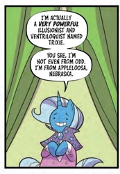 Size: 538x779 | Tagged: safe, artist:jenna ayoub, idw, official comic, trixie, pony, unicorn, g4, my little pony classics reimagined: the unicorn of odd, clothes, comic, dialogue, dot eyes, emerald castle, emerald city, faic, female, grin, mare, nervous, nervous smile, no nose, oz, royal palace of oz, smiling, solo, speech bubble, the unicorn of odd, the wizard of oz, truth