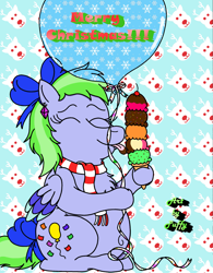 Size: 2325x2984 | Tagged: safe, artist:puffydearlysmith, oc, oc only, oc:fancy confetti, pegasus, pony, g5, balloon, bow, chest fluff, christmas, clothes, eyes closed, fat, female, food, hair bow, high res, holiday, ice cream, ice cream cone, mare, pegasus oc, scarf, solo, striped scarf, tail, tail bow, tongue out