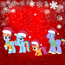 Size: 1000x1000 | Tagged: safe, artist:a-karet, artist:anxet, artist:roman-santos, artist:starryshineviolet, bow hothoof, rainbow dash, scootaloo, windy whistles, pegasus, pony, g4, adopted, adopted offspring, bowabetes, christmas, christmas picture, cute, cutealoo, dashabetes, family, father and child, father and daughter, female, filly, foal, hat, hearth's warming, holiday, male, mare, mother and child, mother and daughter, parent:bow hothoof, parent:windy whistles, parents:windyhoof, rainbow dash's parents, raised hoof, santa hat, scootadoption, scootalove, siblings, sisters, smiling, stallion, windybetes
