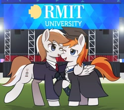 Size: 4096x3641 | Tagged: safe, artist:caibaoreturn, oc, oc only, oc:felix gulfstream, oc:斑仔, earth pony, pegasus, brothers, business suit, clothes, dress, gown, graduation, graduation cap, hat, male, siblings