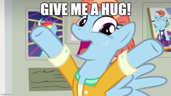 Size: 888x499 | Tagged: safe, edit, edited screencap, screencap, rainbow dash, windy whistles, pegasus, pony, g4, parental glideance, baby, caption, clothes, cute, female, freckles, hooves up, hug, hug request, image macro, jacket, mare, meme, mothers gonna mother, open mouth, open smile, picture, smiling, text, windybetes