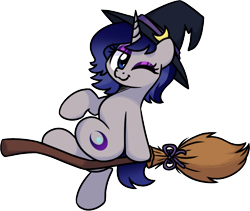 Size: 2946x2484 | Tagged: safe, artist:sugar morning, oc, oc only, oc:moonlit silver, pony, unicorn, 2024 community collab, derpibooru community collaboration, g4, broom, eyeshadow, female, flying, flying broomstick, gradient mane, gradient tail, hat, high res, hooves, horn, looking at you, makeup, one eye closed, one eye open, short tail, simple background, solo, tail, transparent background, wink, winking at you, witch, witch hat