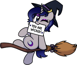 Size: 2946x2484 | Tagged: safe, artist:sugar morning, oc, oc only, oc:moonlit silver, pony, unicorn, g4, broom, cute, eyeshadow, female, flying, flying broomstick, gradient mane, gradient tail, hat, high res, hooves, horn, looking at you, makeup, ocbetes, one eye closed, one eye open, short tail, sign, simple background, solo, tail, transparent background, wink, winking at you, witch, witch hat