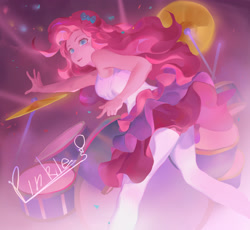 Size: 2183x2010 | Tagged: safe, artist:快乐的小马, pinkie pie, human, equestria girls, g4, bow, clothes, drums, female, hair bow, high res, leggings, musical instrument, solo