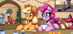 Size: 3500x1650 | Tagged: safe, artist:shadowreindeer, apple bloom, applejack, big macintosh, marble pie, pinkie pie, earth pony, pony, g4, big macintosh is not amused, bowl, christmas, christmas lights, christmas tree, clown, clown nose, clown wig, explosives, eye clipping through hair, female, filly, foal, food, holiday, joke, kettle, knife, laughing, lemon, looking down, male, mare, match, mouth hold, open mouth, open smile, red nose, sitting, smiling, stallion, teeth, this will end in explosions, tongue out, tree, unamused