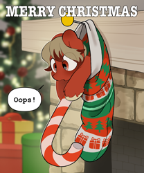 Size: 2243x2701 | Tagged: safe, alternate character, alternate version, artist:mochi_nation, oc, oc:dato curioso, earth pony, pony, candy, candy cane, christmas, christmas tree, commission, cute, food, high res, holiday, oops, solo, tree, ych result