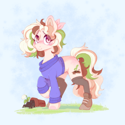 Size: 2000x2000 | Tagged: safe, artist:lionbun, oc, oc:spring root, earth pony, pony, blushing, clothes, cute, earth pony oc, female, flower, flower pot, high res, mare, shoes, socks, stockings, sweater, thigh highs