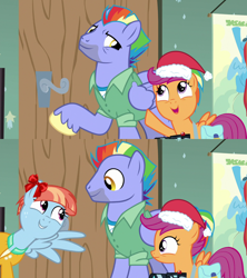 Size: 1280x1440 | Tagged: artist needed, safe, edit, edited screencap, screencap, bow hothoof, scootaloo, windy whistles, pegasus, pony, g4, parental glideance, adopted, adopted offspring, bag, bowabetes, camera, christmas, cute, cutealoo, dialogue in the description, door, father and child, father and daughter, female, filly, foal, freckles, grin, hat, headcanon, headcanon in the description, hearth's warming, holiday, inverted mouth, male, mare, mother and child, mother and daughter, parent:bow hothoof, parent:windy whistles, parents:windyhoof, ribbon, saddle bag, santa hat, scootadoption, scootalove, smiling, stallion, story included, trio, windybetes