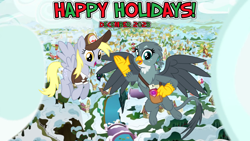 Size: 2064x1161 | Tagged: safe, artist:cheezedoodle96, artist:not-yet-a-brony, griffon, pegasus, g4, 2023, bag, christmas, cloud, december, friendship, happy holidays, hearth's warming, holiday, lyrics in the description, mail, mailbag, mailmare, ponyville, smiling, snow, song in the description, youtube link in the description