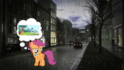 Size: 1600x900 | Tagged: safe, artist:horseboy223, rainbow dash, scootaloo, soarin', pegasus, g4, abandoned, boyfriend and girlfriend, building, car, city, cloud, cloudy, crying, dead tree, female, foal, heart, heartbreak, imagination, irl, leaves, lonely, looking down, male, people, photo, purple mane, rain, raincloud, real life background, sad, sadness, ship:soarindash, shipping, small wings, straight, street, streetlight, thinking, thought, thought bubble, town, tree, umbrella, vehicle, wings