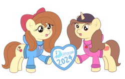Size: 3009x1900 | Tagged: safe, artist:sparkfler85, derpibooru exclusive, oc, oc only, oc:flani bainilye, oc:hymyt, earth pony, pony, unicorn, 2024 community collab, derpibooru community collaboration, bowtie, clothes, cutie mark on clothes, duo, female, freckles, hat, hoodie, horn, jewelry, necklace, png, simple background, smiling, transparent background