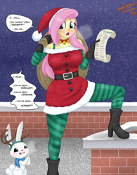 Size: 1280x1642 | Tagged: safe, artist:lennondash, angel bunny, fluttershy, human, rabbit, equestria girls, g4, animal, antlers, bells, belt, boots, breasts, busty fluttershy, buttons, chimney, christmas, christmas outfit, cleavage, clothes, collar, costume, dialogue, duo, female, gloves, hat, high heel boots, holiday, list, nice list, open mouth, outdoors, paper, sack, santa costume, santa hat, scarf, shoes, snow, word bubble