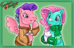 Size: 1603x1044 | Tagged: safe, artist:partyponypower, coconut grove, minty, earth pony, pegasus, pony, g3, chocolate, christmas, christmas card, clothes, female, food, holiday, hot chocolate, lesbian, mittens, scarf, ship:mintygrove, shipping, smiling, surprised, sweater, whipped cream