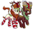 Size: 1300x1100 | Tagged: safe, artist:rocket-lawnchair, autumn blaze, cinder glow, summer flare, kirin, g4, antlers, awwtumn blaze, christmas, cinderbetes, clothes, cloven hooves, cute, duo, duo female, female, hanukkah, hockless socks, holiday, horn, lidded eyes, menorah, nirik fire, open mouth, open smile, red nose, reindeer antlers, simple background, smiling, socks, striped socks, white background