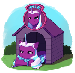 Size: 2048x1995 | Tagged: safe, artist:maren, opaline arcana, alicorn, pony, g5, behaving like a dog, bush, comedy, cute, doghouse, family guy, female, folded wings, go to your peter house, grass, grumpy, high res, lying down, mare, markings, opaline arcana is not amused, opalinebetes, prone, solo, unamused, unshorn fetlocks, wings