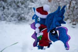 Size: 1097x728 | Tagged: safe, artist:mgrdash, princess luna, alicorn, pony, g4, christmas, christmas outfit, holiday, irl, photo, plushie, ponies in real life, snow, solo, winter