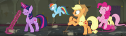 Size: 1935x556 | Tagged: safe, composite screencap, edit, edited screencap, editor:incredibubbleirishguy, screencap, applejack, fluttershy, pinkie pie, rainbow dash, twilight sparkle, alicorn, g4, the saddle row review, bipedal, broom, brush, panorama, sweeping, sweepsweepsweep, twilight sparkle (alicorn), twilight sweeple