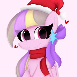 Size: 2048x2048 | Tagged: safe, artist:petaltwinkle, oc, oc only, oc:petal twinkle, pegasus, pony, bust, christmas, clothes, eye clipping through hair, female, floating heart, hat, heart, high res, holiday, looking at you, mare, pink background, santa hat, scarf, simple background, smiling, smiling at you, solo