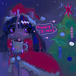 Size: 2048x2048 | Tagged: safe, artist:eunicidae, twilight sparkle, g4, chocolate, christmas, christmas tree, cute, food, hat, heart, high res, holiday, hot chocolate, looking at you, mug, pigtails, santa hat, tongue out, tree, twintails