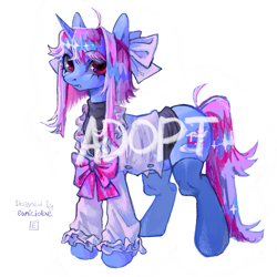 Size: 2048x2048 | Tagged: safe, artist:eunicidae, oc, oc only, unicorn, adoptable, advertisement, blouse, bow, cake, clothes, cutie mark, food, hair bow, high res, long hair, long tail, pink hair, red eyes, simple background, solo, stockings, tail, thigh highs, turtleneck, white background