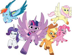Size: 3159x2442 | Tagged: safe, artist:prixy05, applejack, fluttershy, pinkie pie, rainbow dash, rarity, twilight sparkle, alicorn, earth pony, pegasus, pony, unicorn, g4, g5, my little pony: tell your tale, character swap, female, g4 to g5, generation leap, high res, mane six, mare, simple background, transparent background, twilight sparkle (alicorn), vector