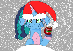 Size: 7016x4961 | Tagged: safe, artist:keksiarts, misty brightdawn, pony, unicorn, g5, 2023, bust, chocolate, christmas, cute, female, food, hat, holiday, hot chocolate, mare, marshmallow, mistybetes, new, retro misty, santa hat, shading, snow, solo, tablet drawing, winter