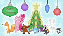 Size: 1173x681 | Tagged: safe, artist:porygon2z, pinkie pie, beaver, dog, earth pony, fox, pony, rabbit, raccoon, titan, semi-anthro, g4, angry beavers, animal, australian cattle dog, bluey, bluey heeler, broken horn, christmas, christmas tree, crossover, daggett doofus beaver, dancing, dora the explorer, female, holiday, horn, king clawthorne, male, mare, max (sam and max), ornament, pb&j otter, pet collar, pet tag, present, sam and max, scootch raccoon, skull, smiling, swiper the fox, the owl house, tree