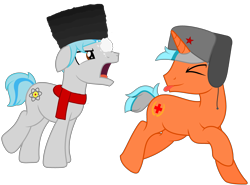 Size: 4000x2962 | Tagged: safe, artist:temerdzafarowo, oc, oc only, oc:atom front, oc:golden doctor, pony, unicorn, 2024 community collab, derpibooru community collaboration, brother, brothers, cap, clothes, dissatisfied, earflaps, hat, horn, language, male, running, scarf, siblings, simple background, snow, snowball, solo, transparent background, ushanka