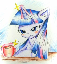 Size: 600x680 | Tagged: safe, artist:うめおにぎり, twilight sparkle, pony, g4, magic, mug, solo, telekinesis, traditional art